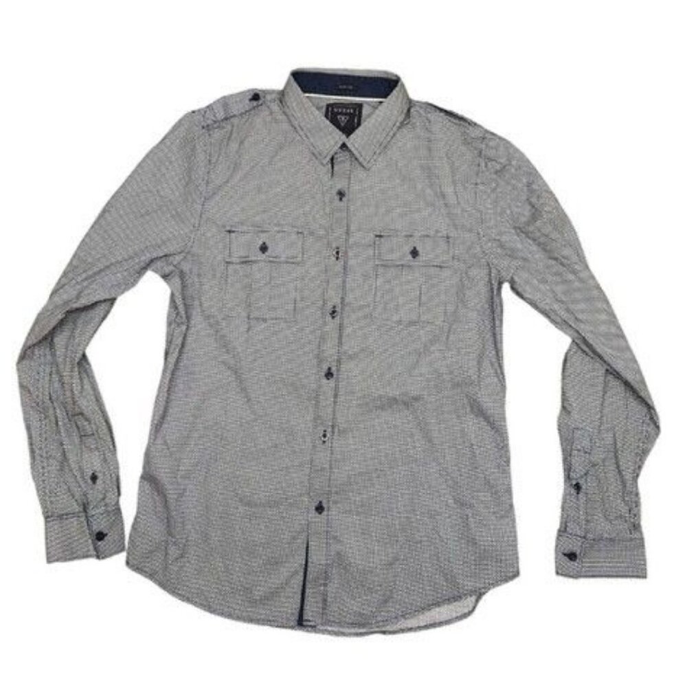 Guess Button Up Long Sleeve Blue/White Slim Fit Dress Shirt Men's Top Size M